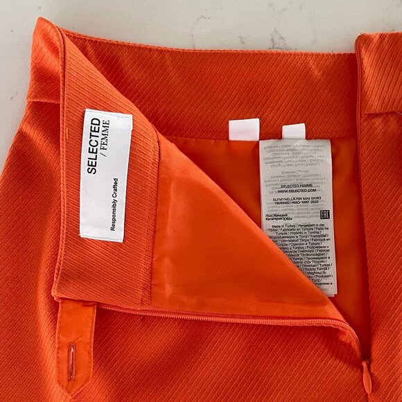 Selected Femme Mynella Lined Textured Poly A-Line Mini Skirt Orangeade Sz 36 NWT - Picture 8 of 9